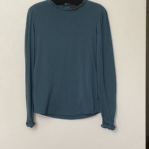 Boden Teal Green Lettuce Ruffle Long Sleeve And Neck Keyhole Closure Size 2 XS